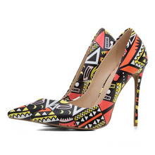 sexy fashionable flower print pu leather pointed toe stiletto work party shoes ladies pumps